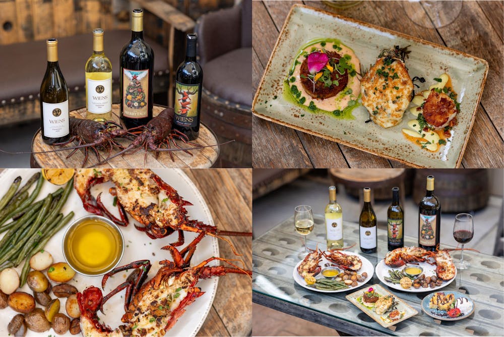 Collage of tasting event with Weins Winery, spiny lobster and hot trio sampler pictured.