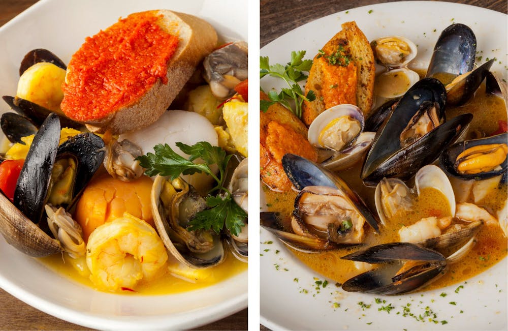 France's Bouillabaisse with Provencal style saffron infused broth, fresh fish, mussels, clams, shrimp and scallops, with rouille and Italy’s Cioppino in a zesty marinara sauce with clams, mussels, calamari, shrimp, scallops and fish