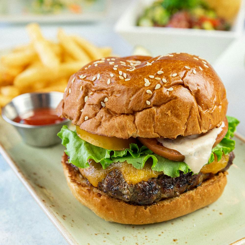 Cheeseburger with Lettuce + Tomato, Ketchup and French Fries