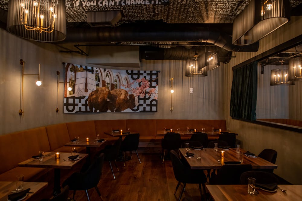 a large room with tables and chairs