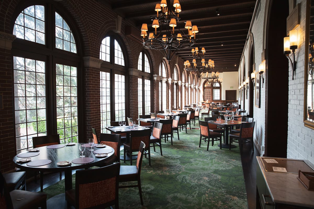 The dining room of the American Bounty Restaurant on the CIA campus in the Hudson Valley, NY.