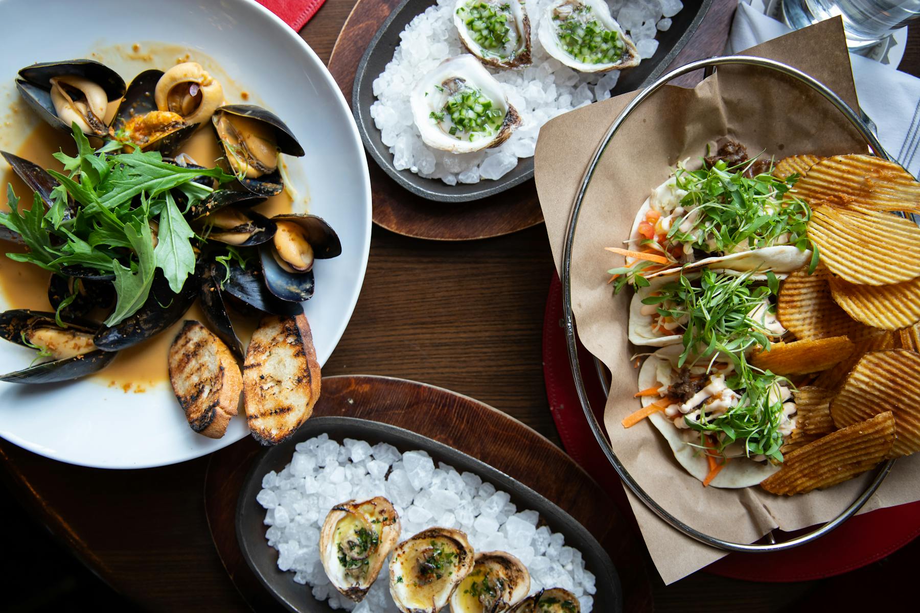Mussels with Red Thai Curry, plus Oysters at The Tavern at American Bounty in Hyde Park, NY.