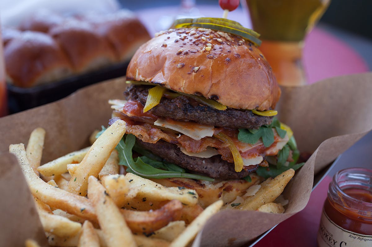 The Tavern Cheddar Burger at The Tavern at American Bounty at the CIA in the Hudson Valley, NY.