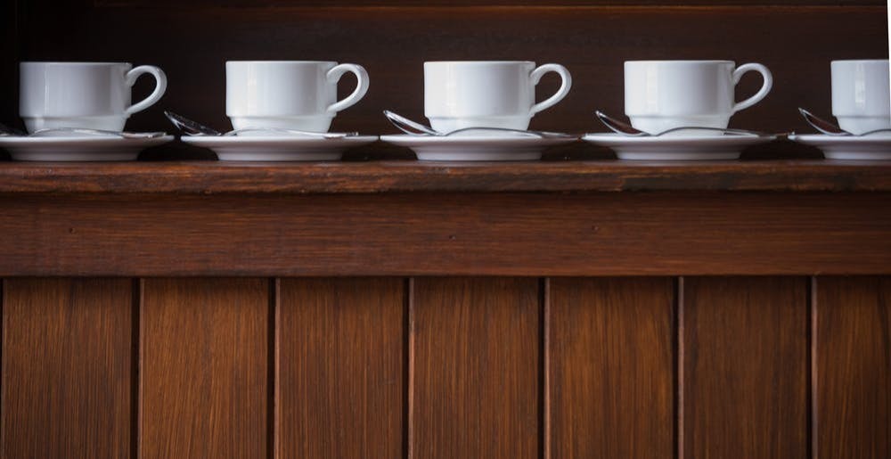 Row of coffee cups at The Culinary Institute of America in Hyde Park, NY.