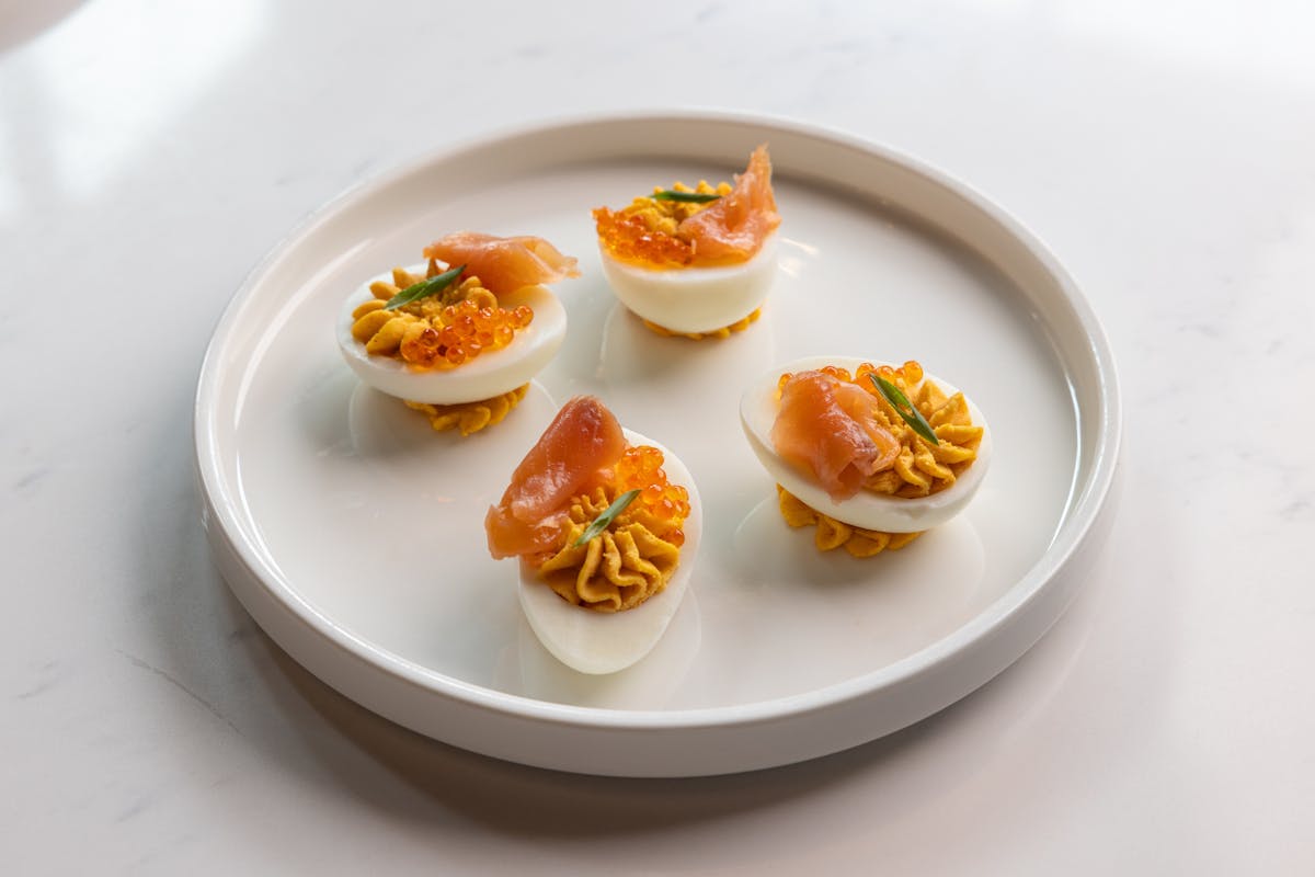 Elevated deviled eggs with gourmet toppings served at Crush’d Danville