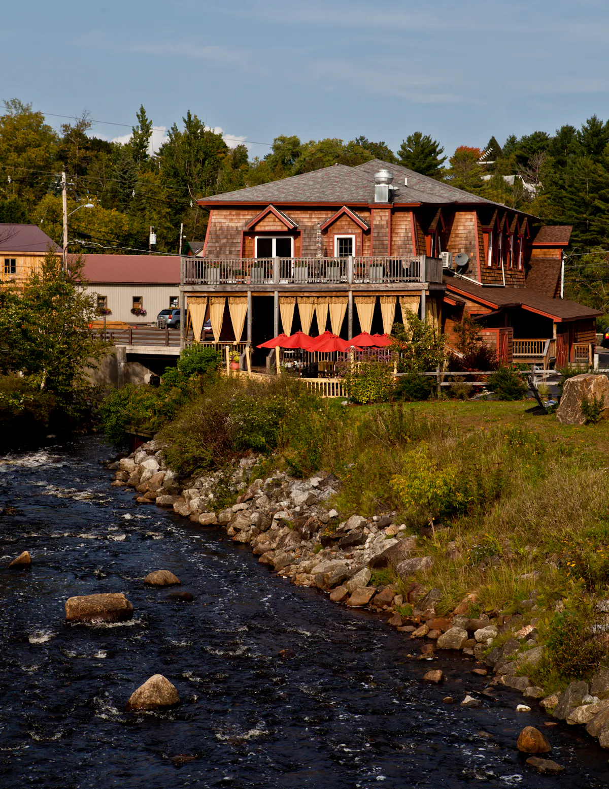 building with a river