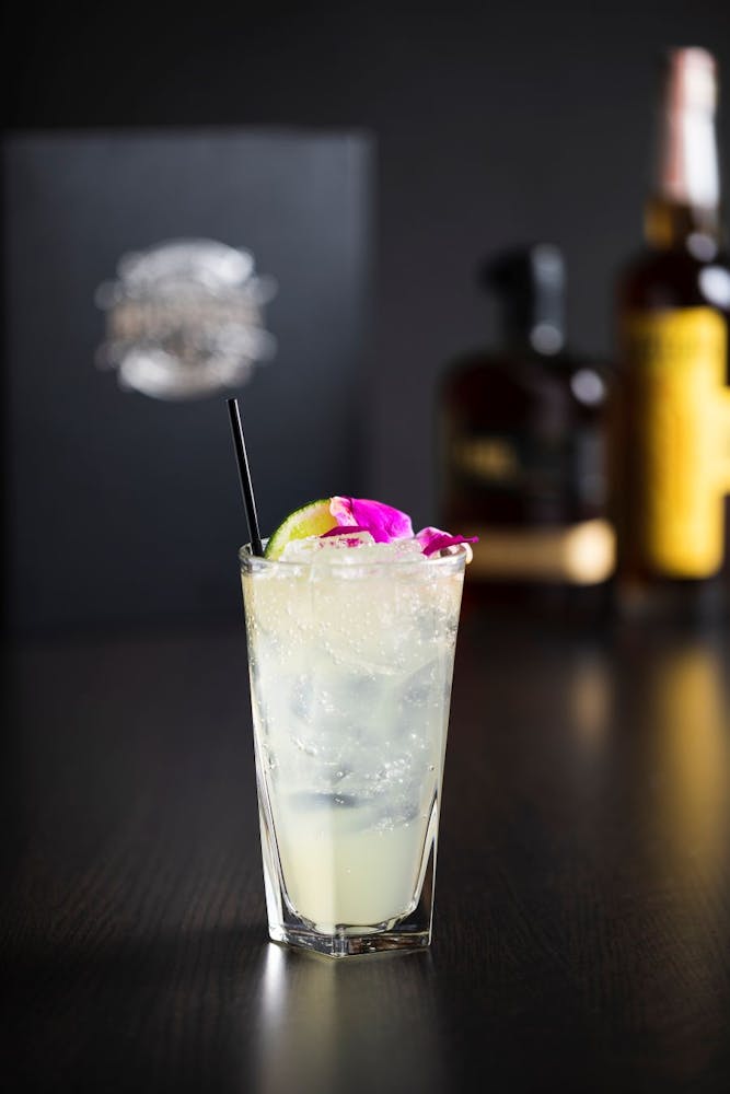 a glass cup on a table