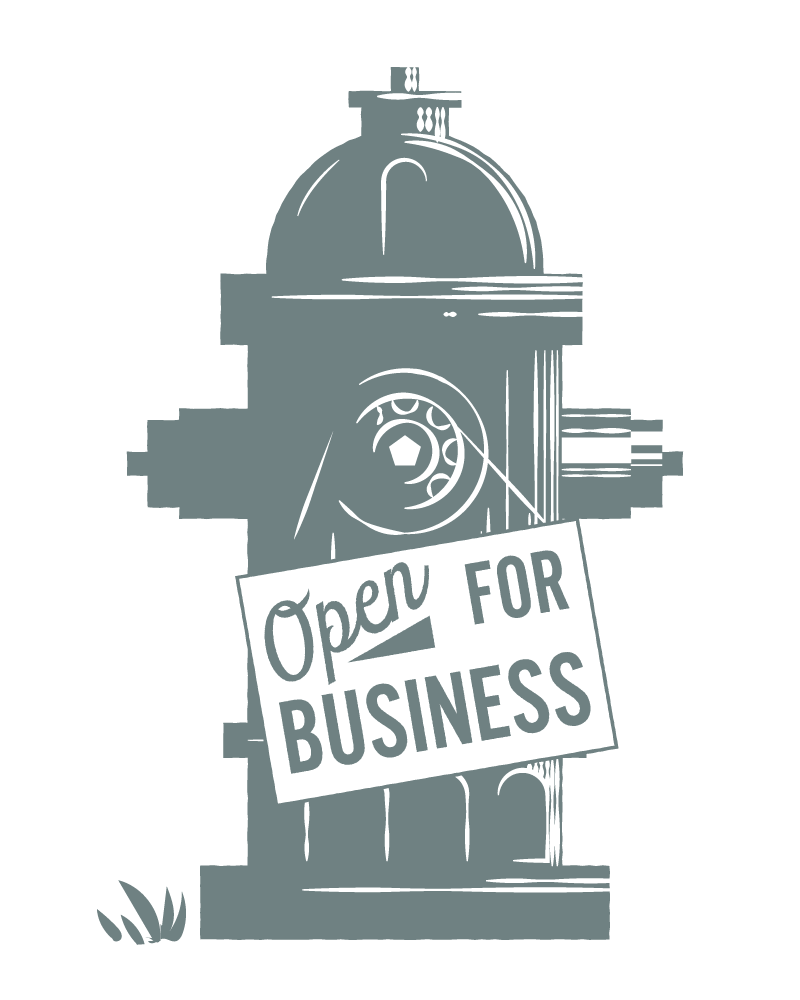 fire hydrant that reads "open for business"