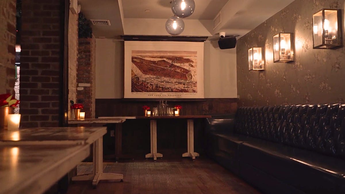 a dining room table in front of a building