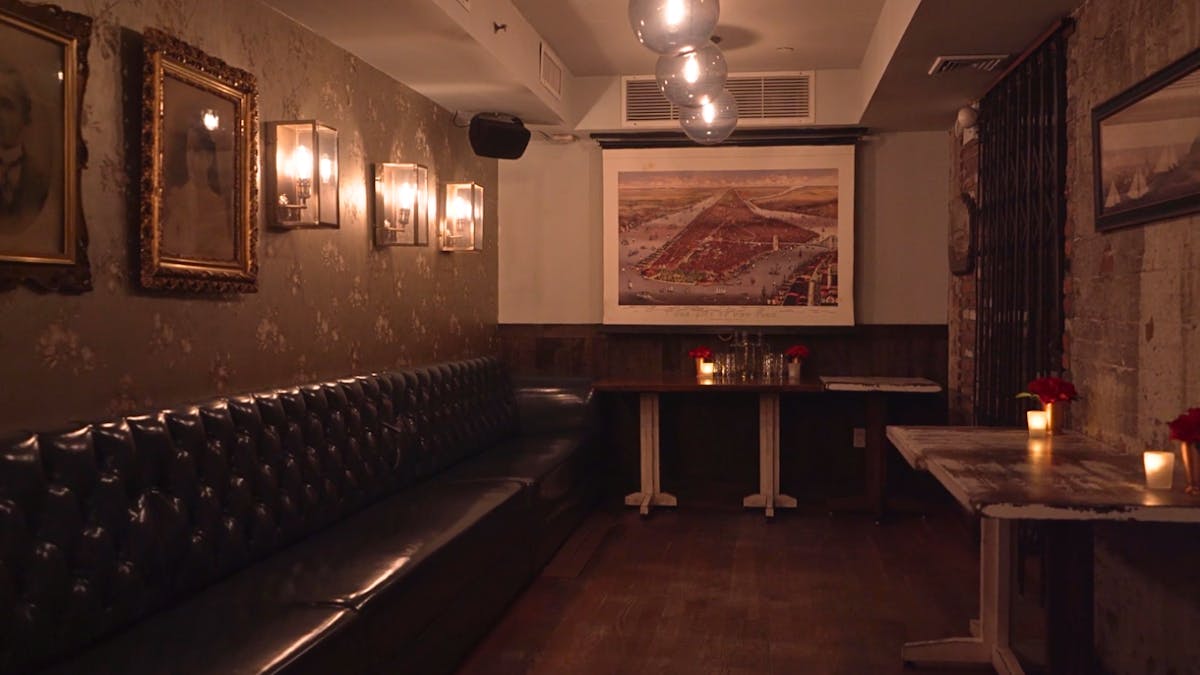 a dining room table in front of a building