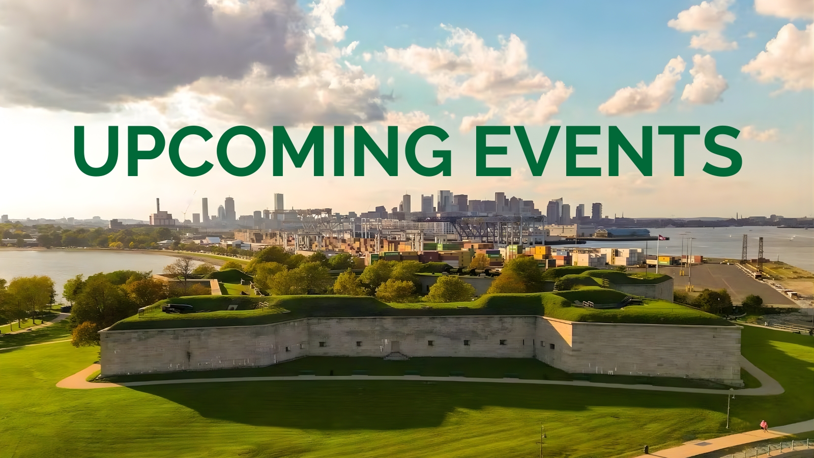 a green field with a city in the background