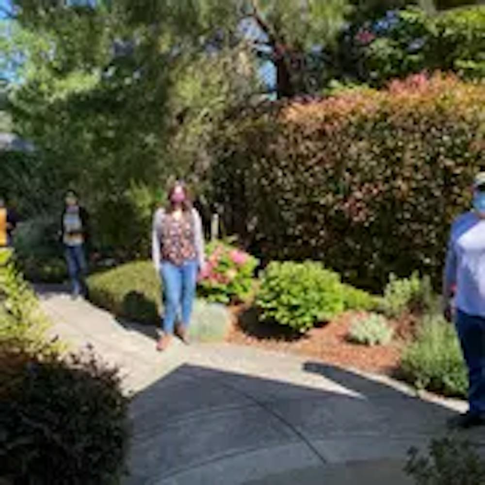 a group of people in a garden