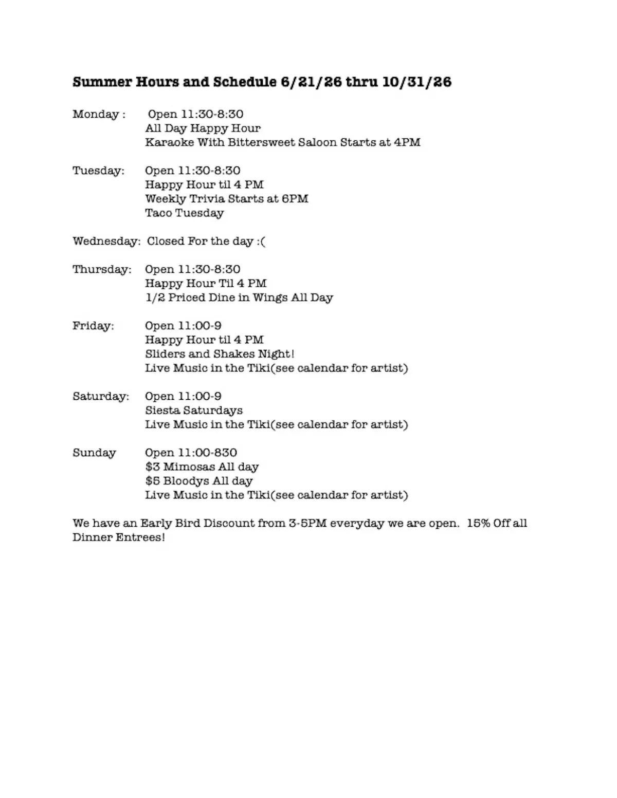 a list of events on a white background