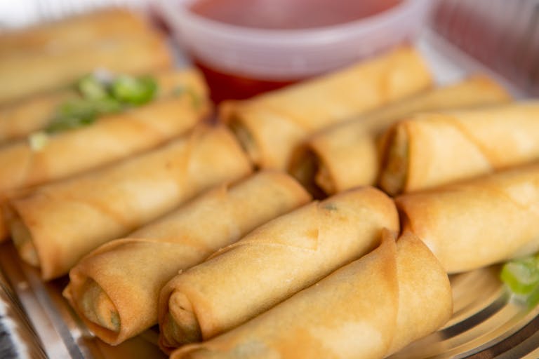 a dish is filled with food