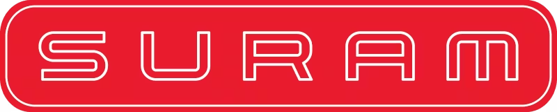 Red logo with the word "SURAM" in bold, white outlined, uppercase letters centered. The design is enclosed in a red rounded rectangle.