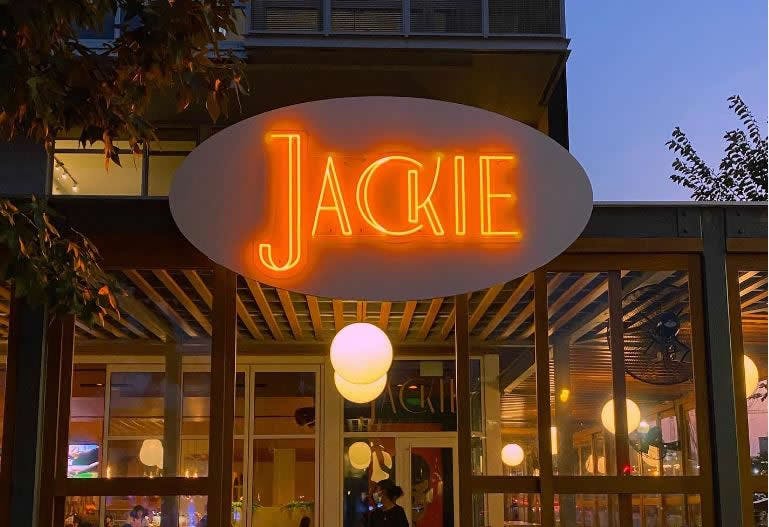 a store front at night