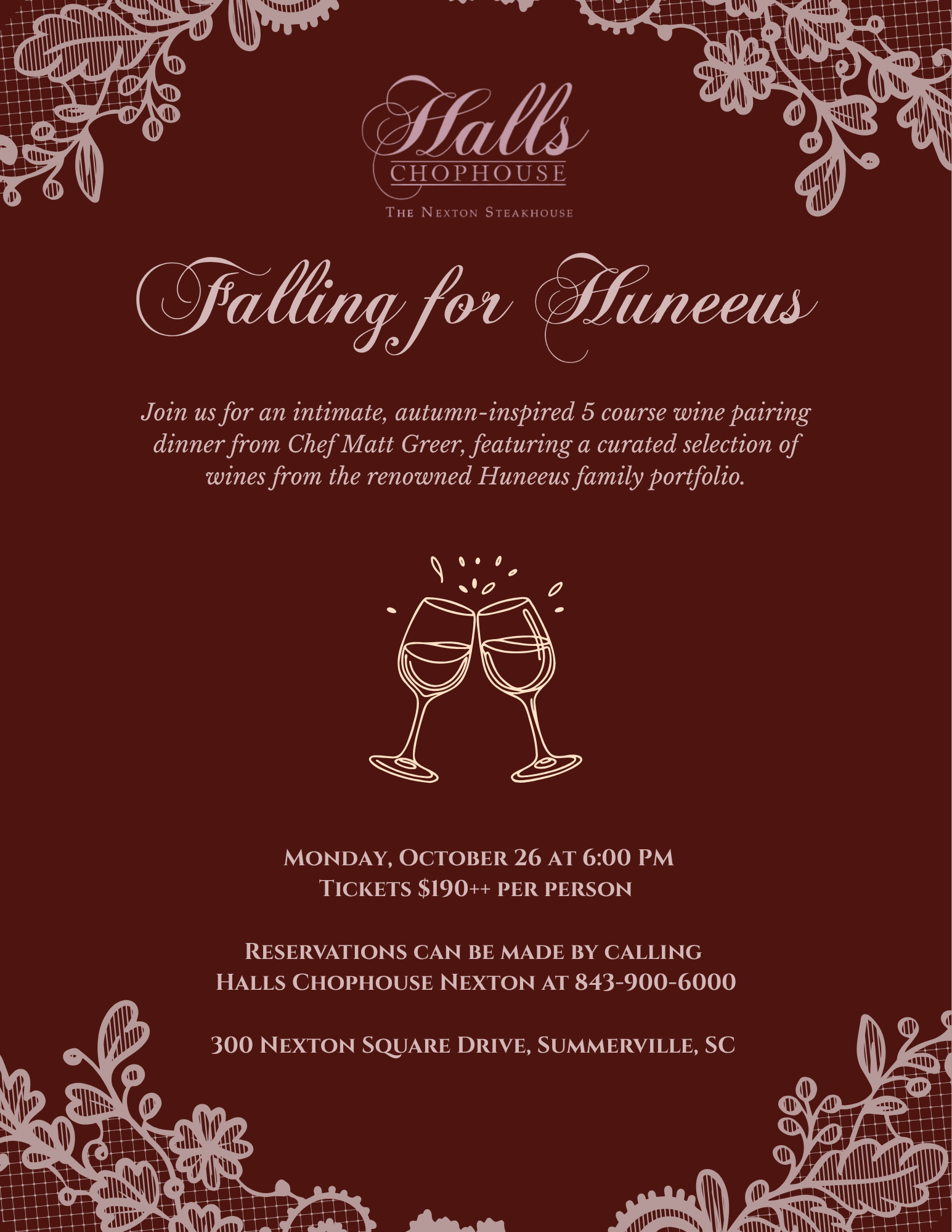 a brown and white invitation with wine glasses