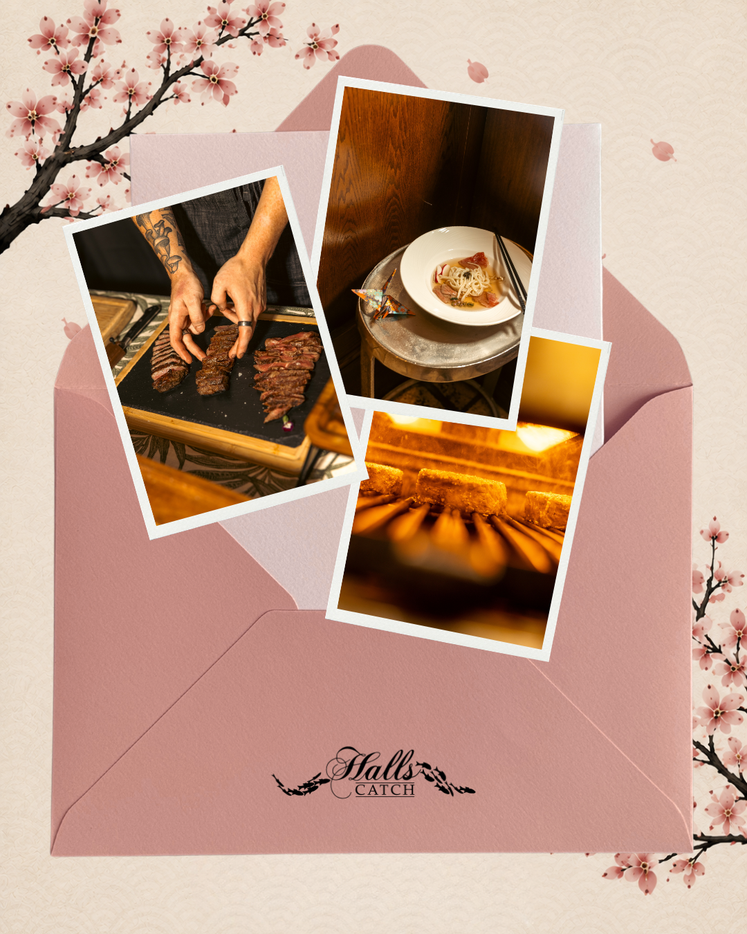 a pink envelope with photos of food and a person cooking