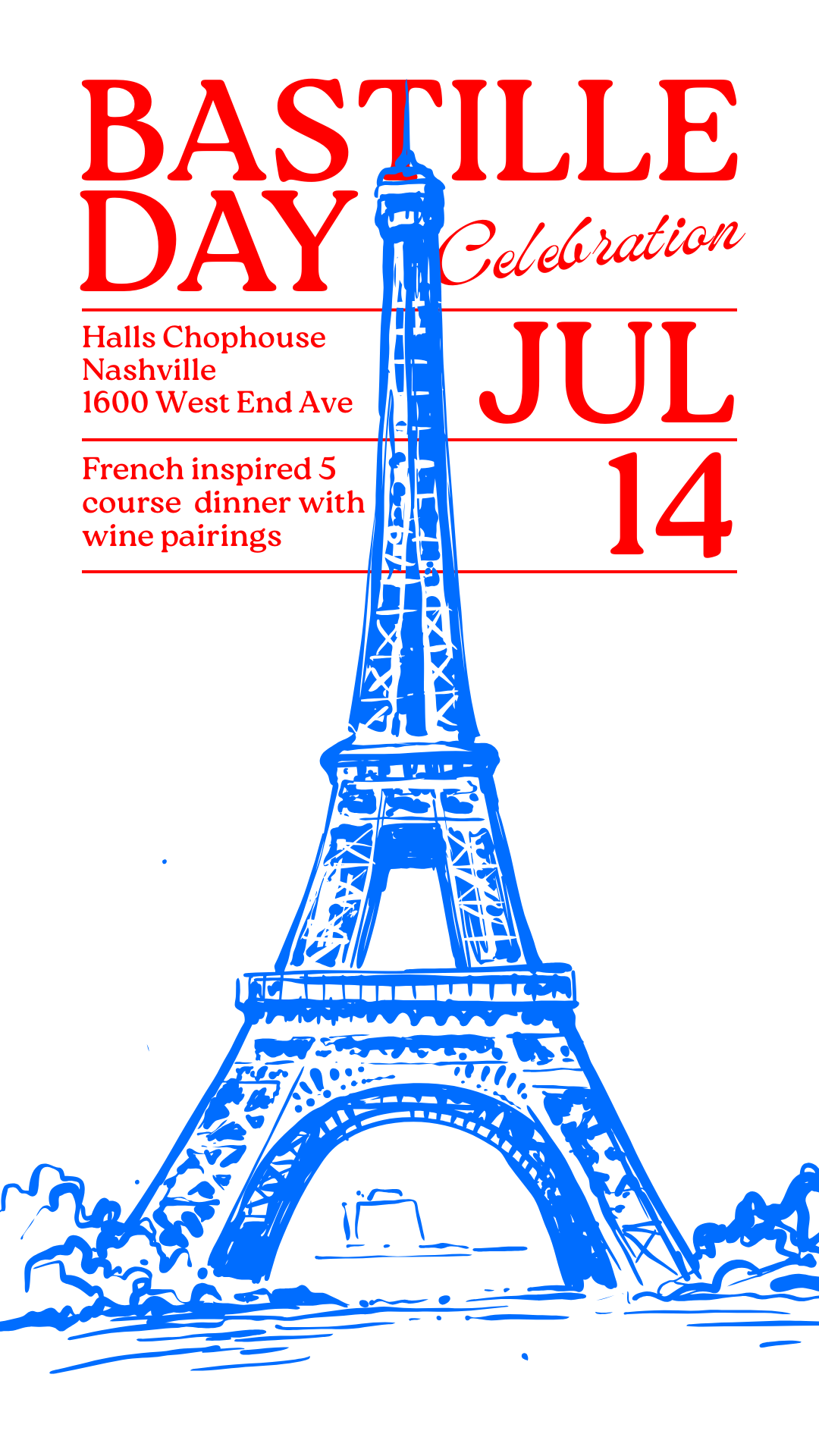 a blue and white poster with Eiffel Tower and date