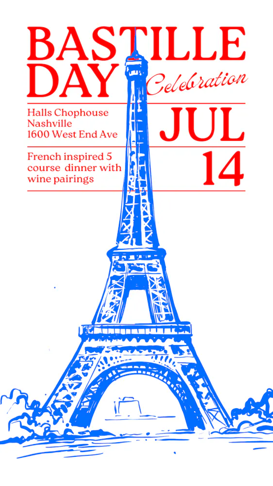 a blue and white poster with Eiffel Tower and date