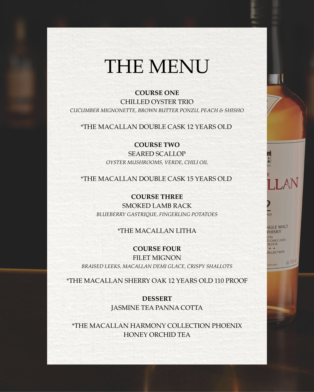 a menu with a bottle of liquor