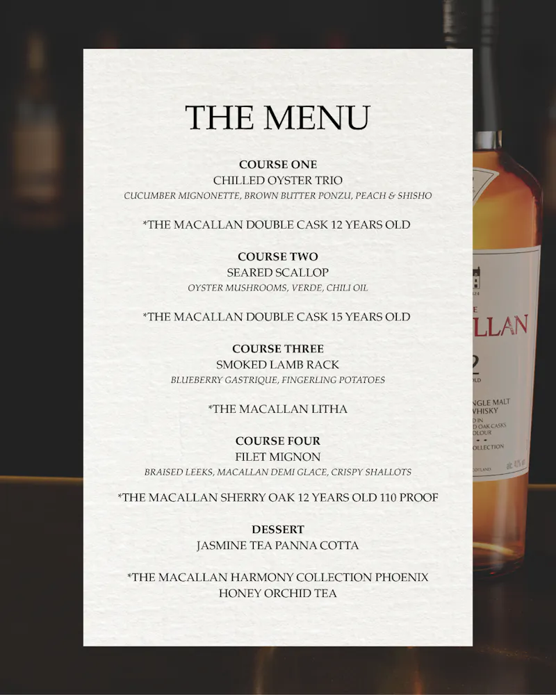 a menu with a bottle of liquor