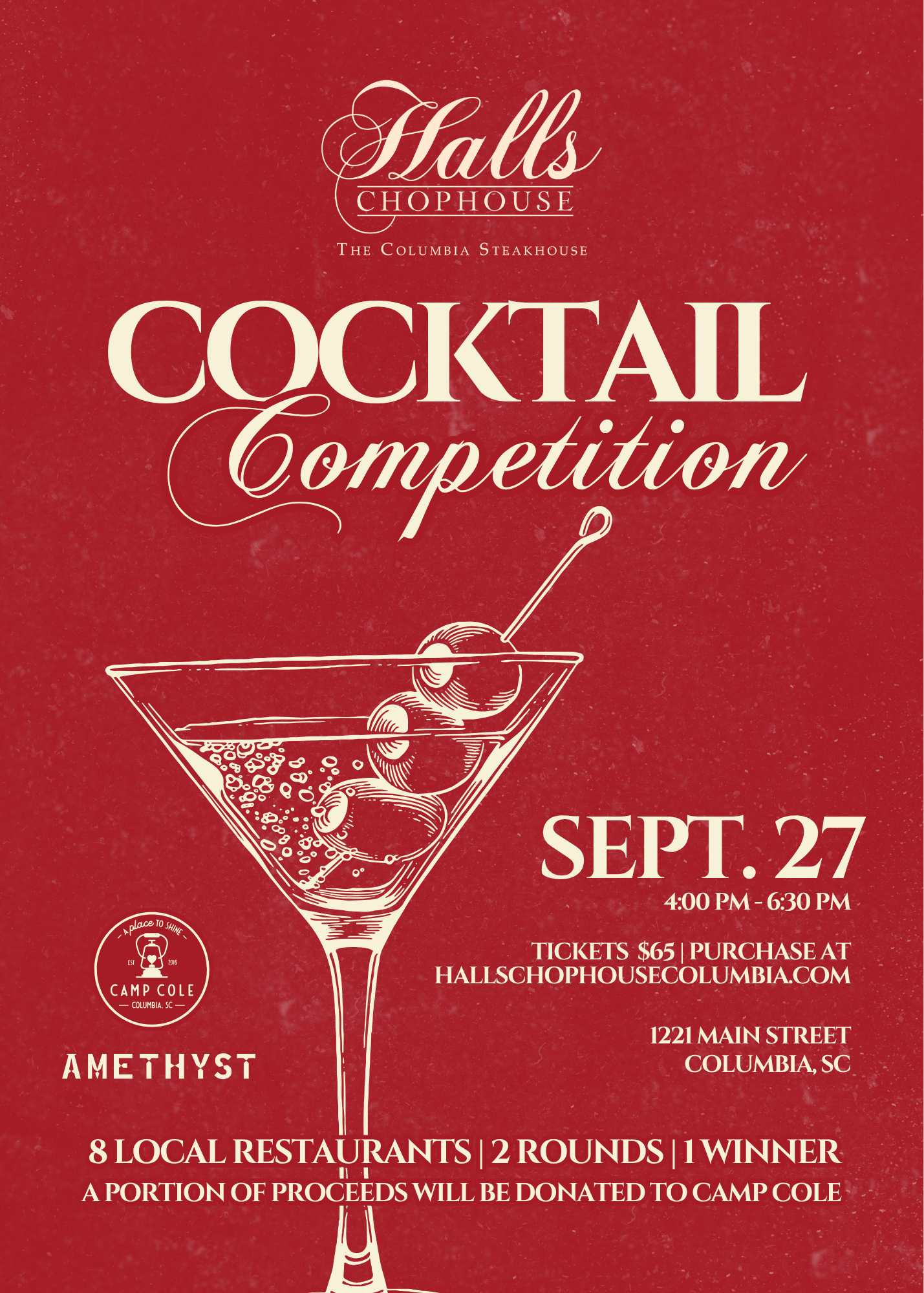 a red and white poster with a martini glass and text