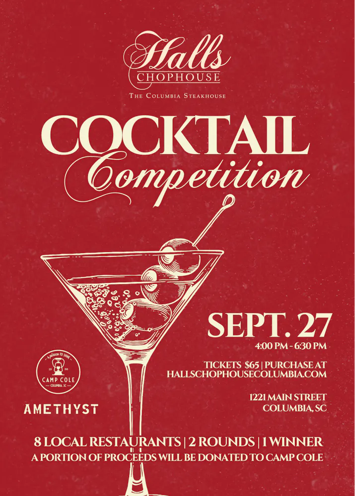 a red and white poster with a martini glass and text