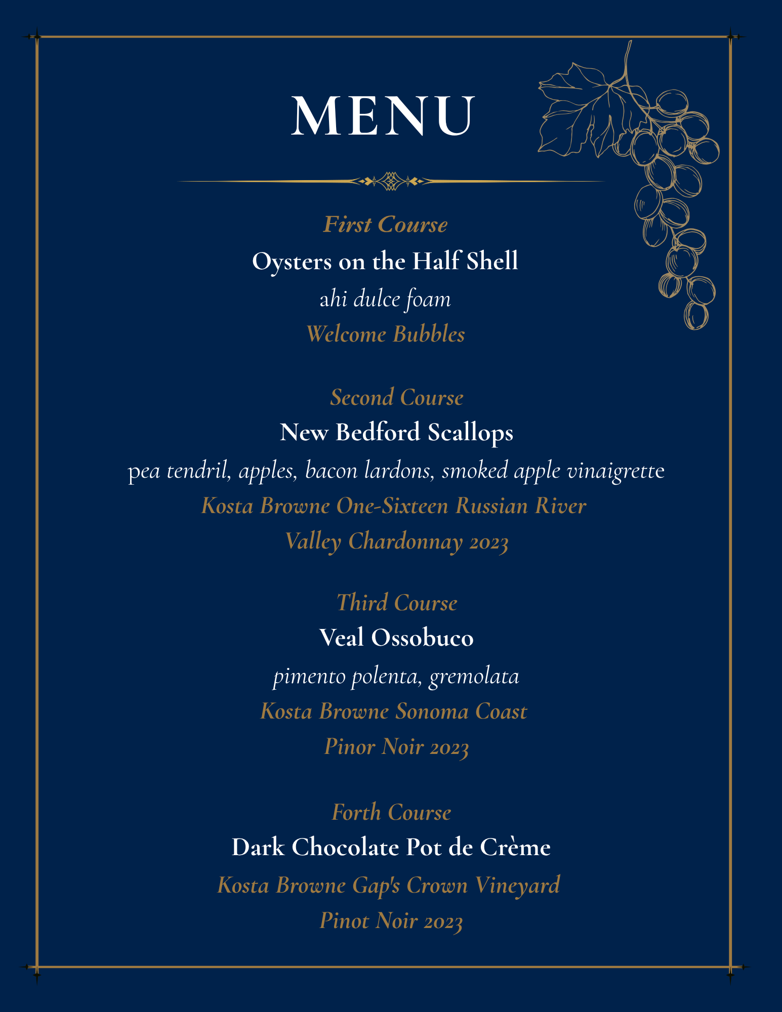 a menu with grapes on it