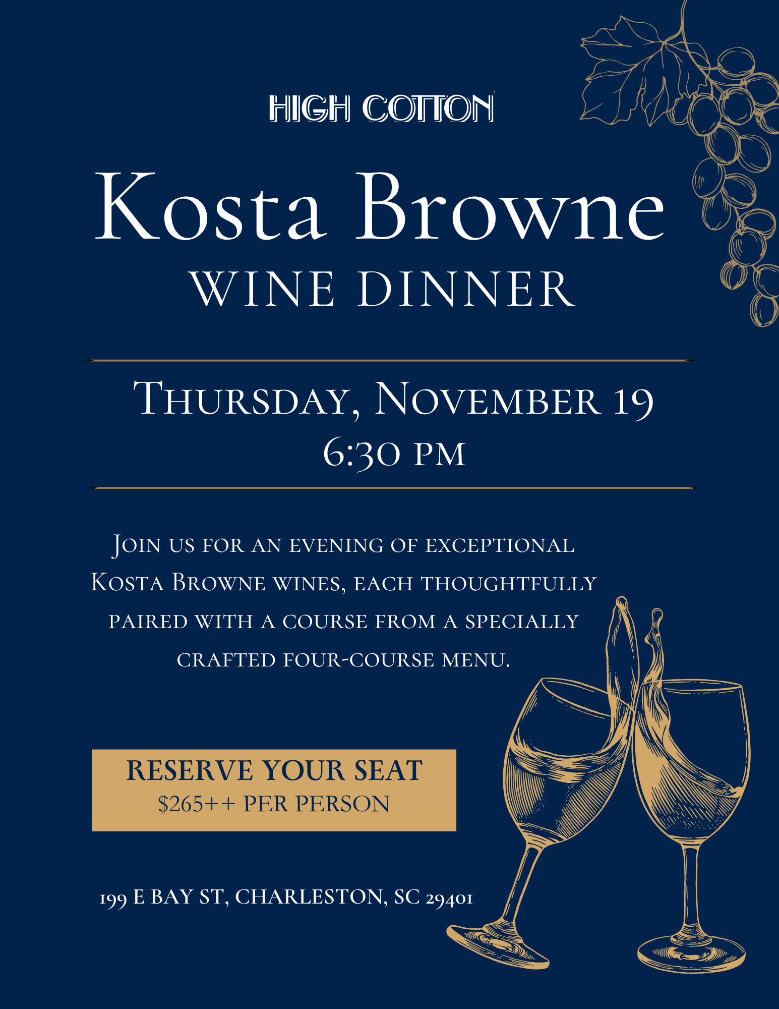 a blue and gold invitation with wine glasses and grapes