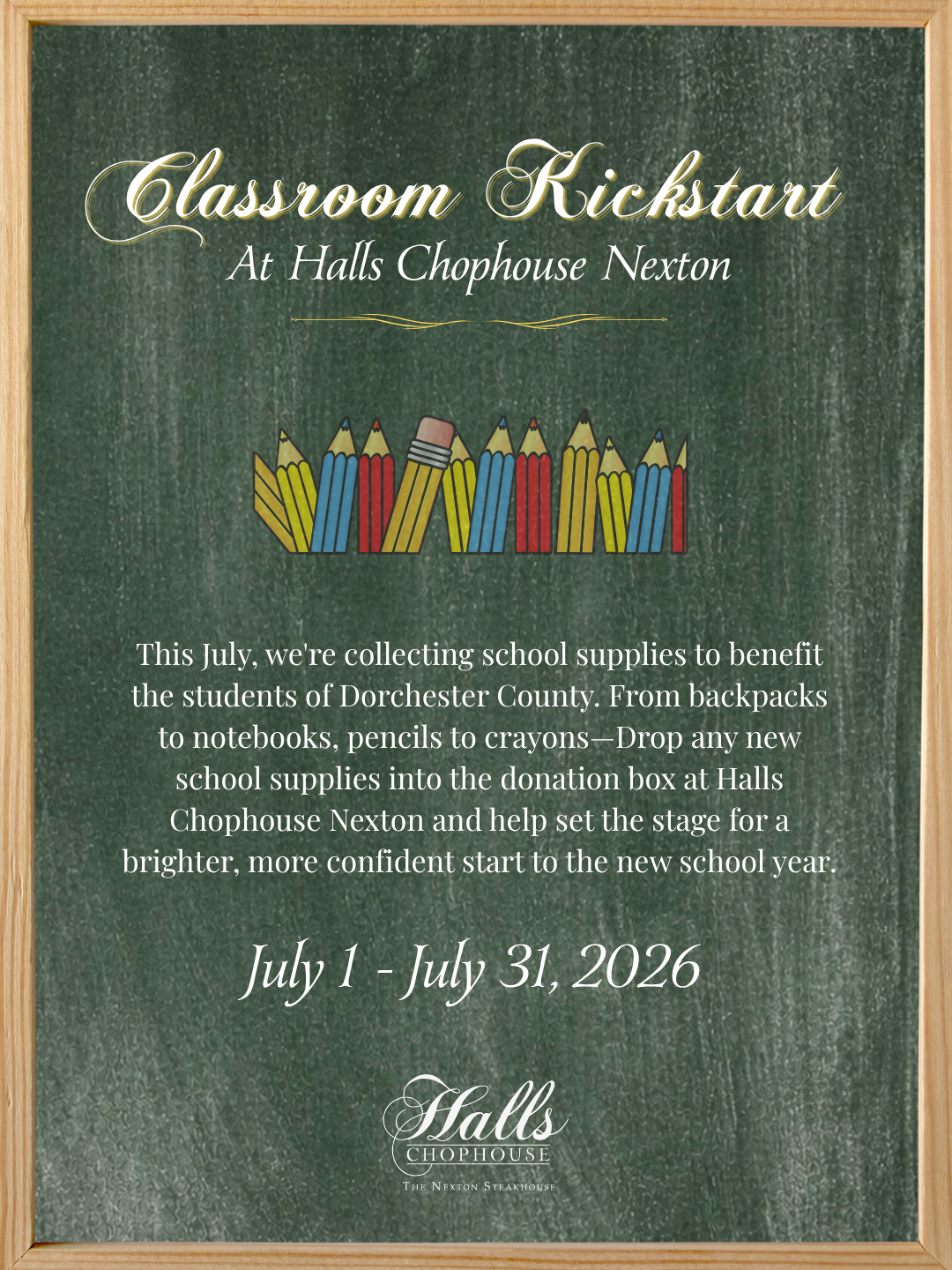 a chalkboard with a wooden frame and text