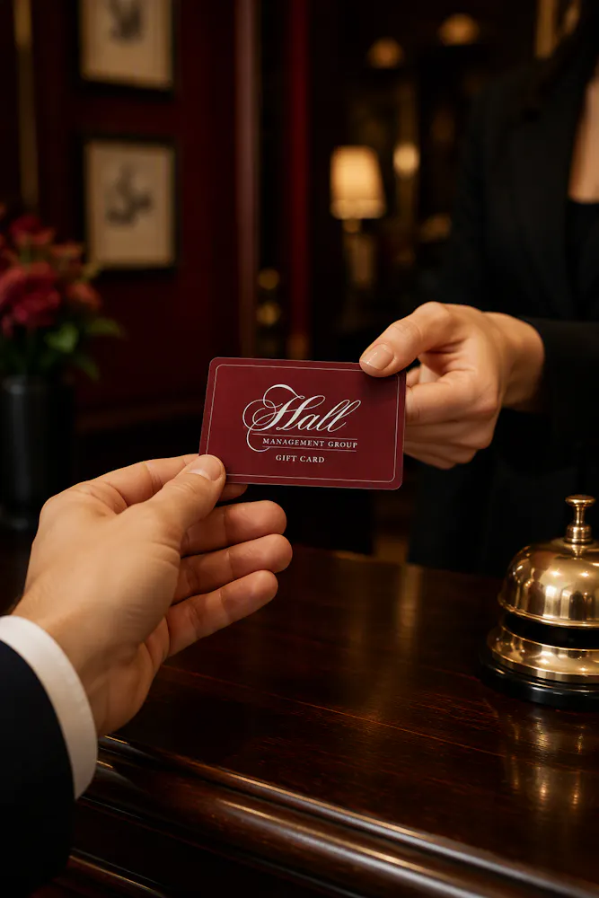 a person handing a card to a receptionist