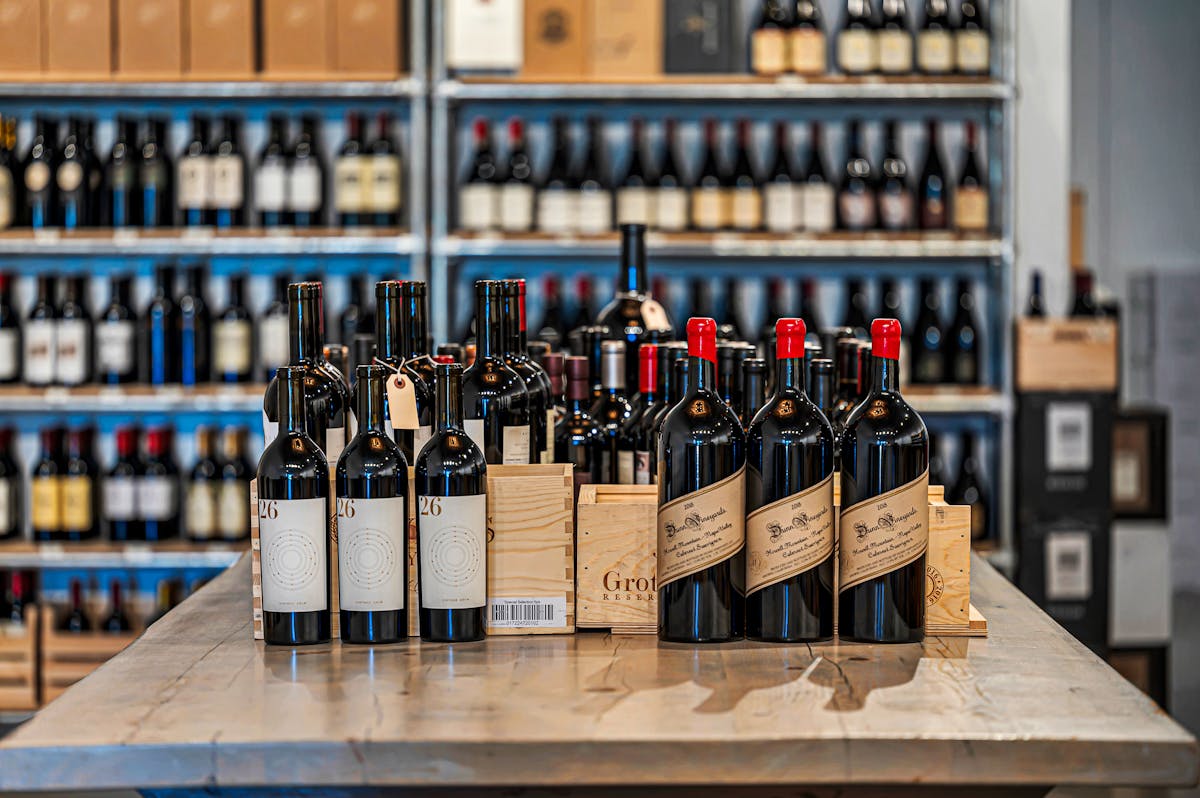 a close up of wine bottles