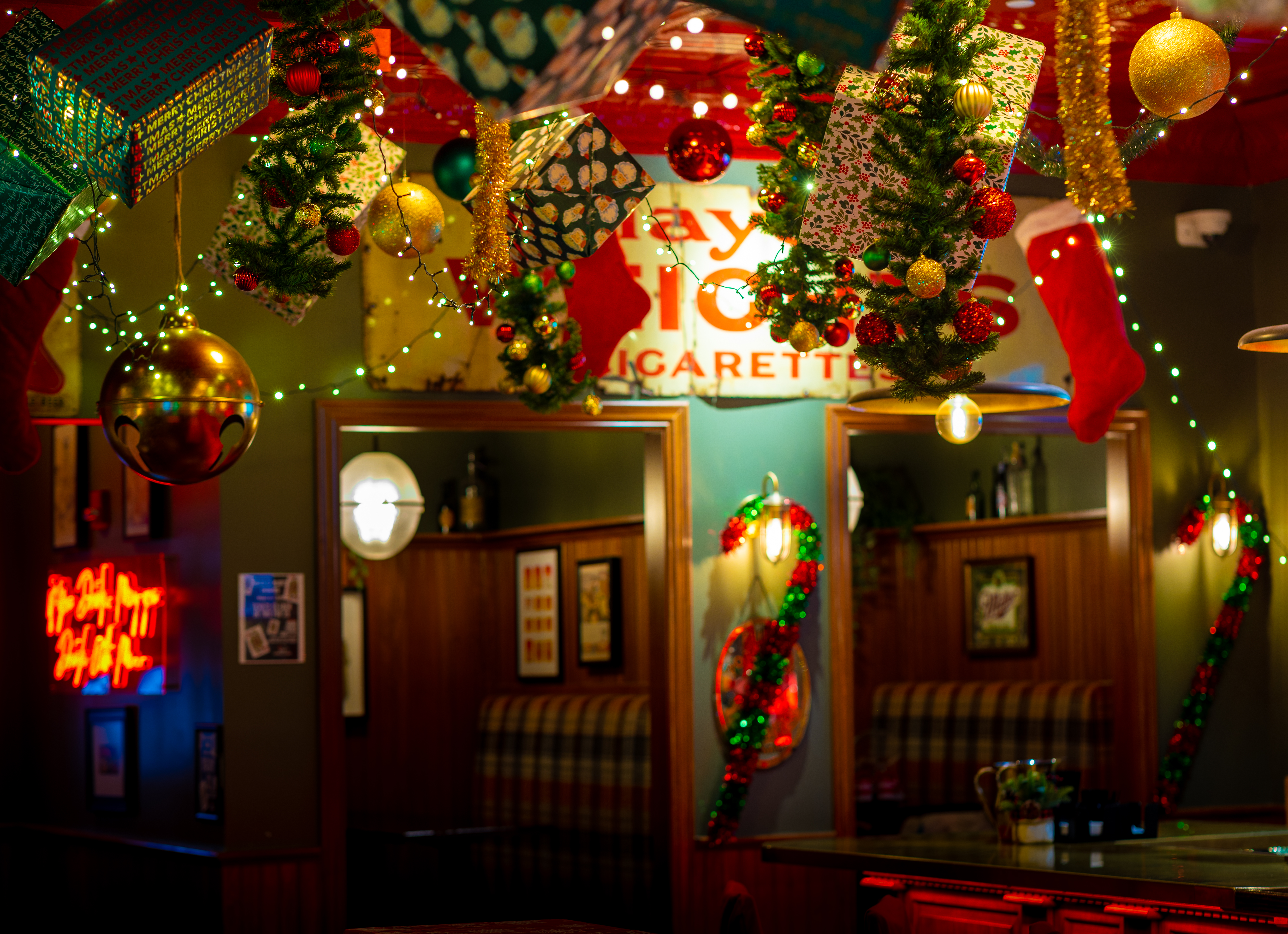 a christmas tree lit up at night