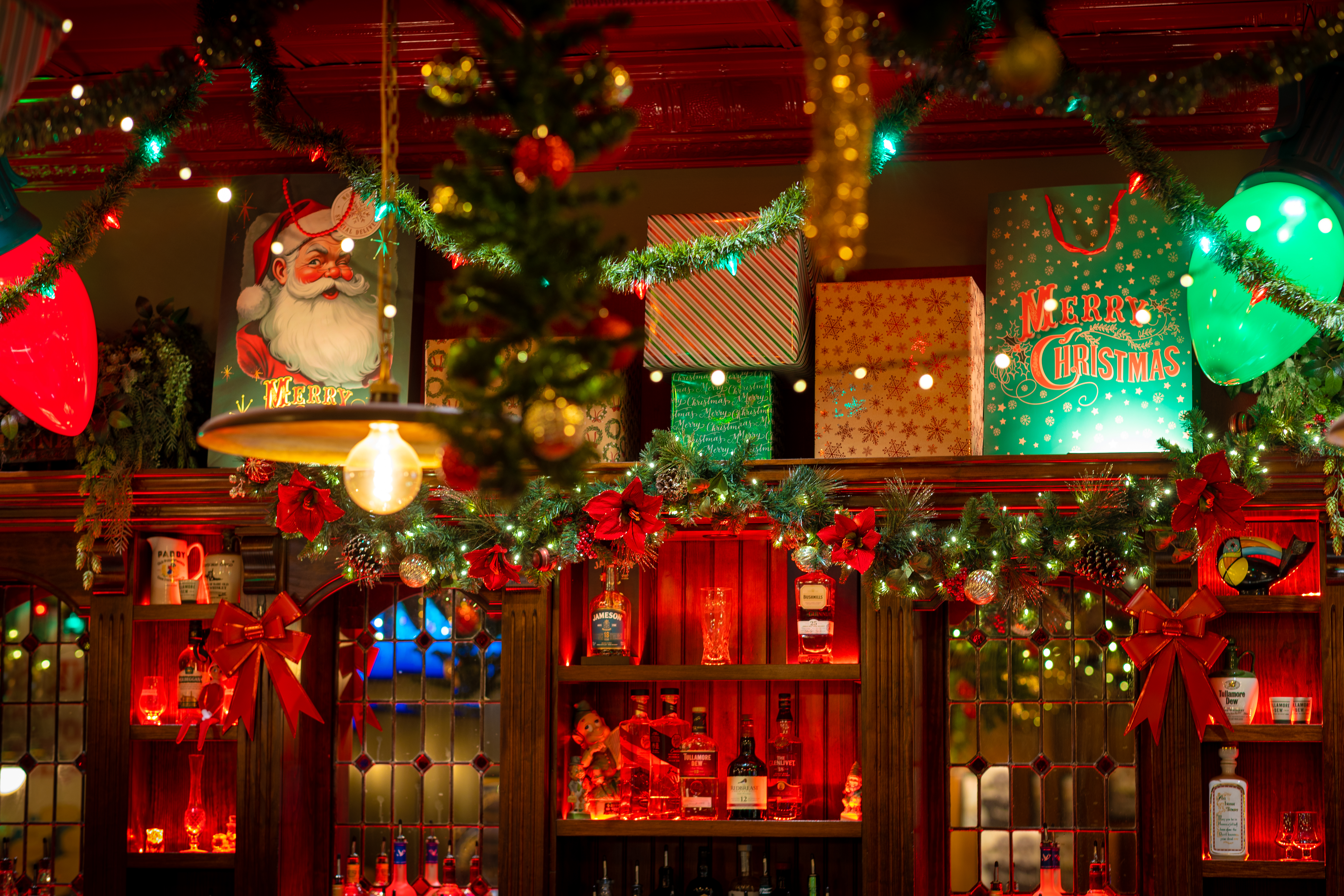 a christmas tree lit up at night