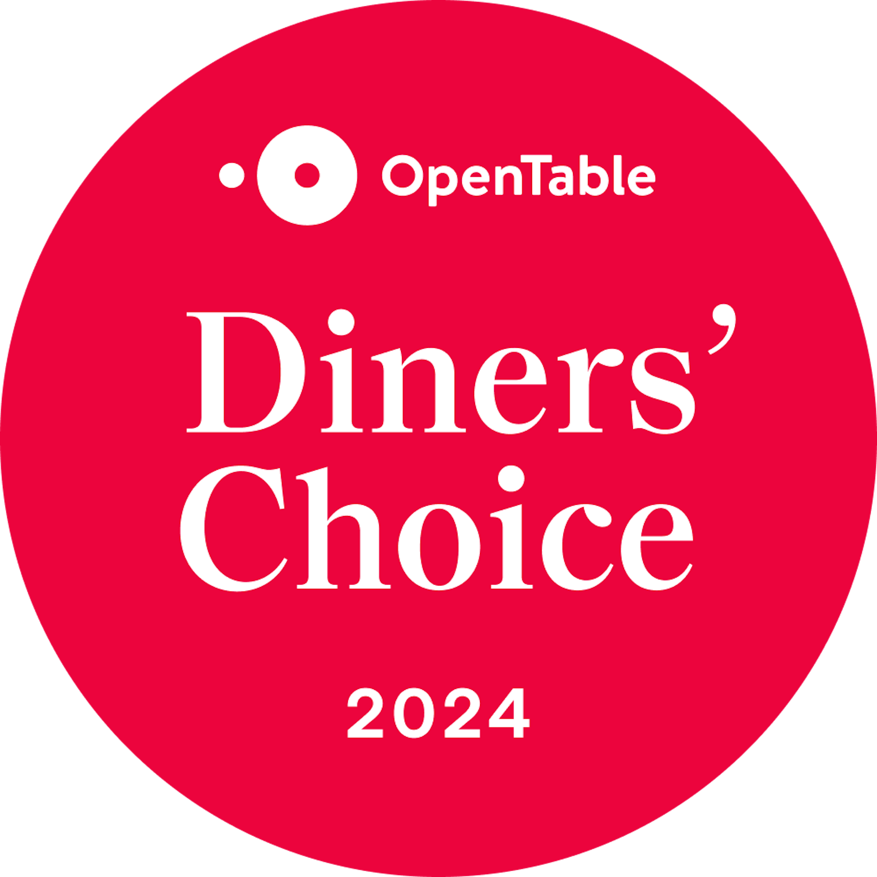 Image of the Open Table Diners' Choice Award 2024, featuring a sleek, modern design with bold text highlighting the year 2024. The award symbolizes excellence in dining, as chosen by Open Table users for exceptional restaurant experiences.