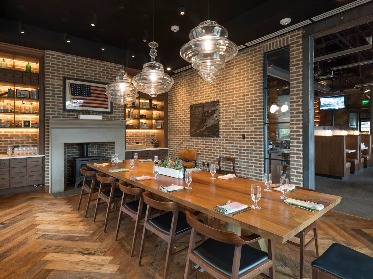a dining room table in front of a building