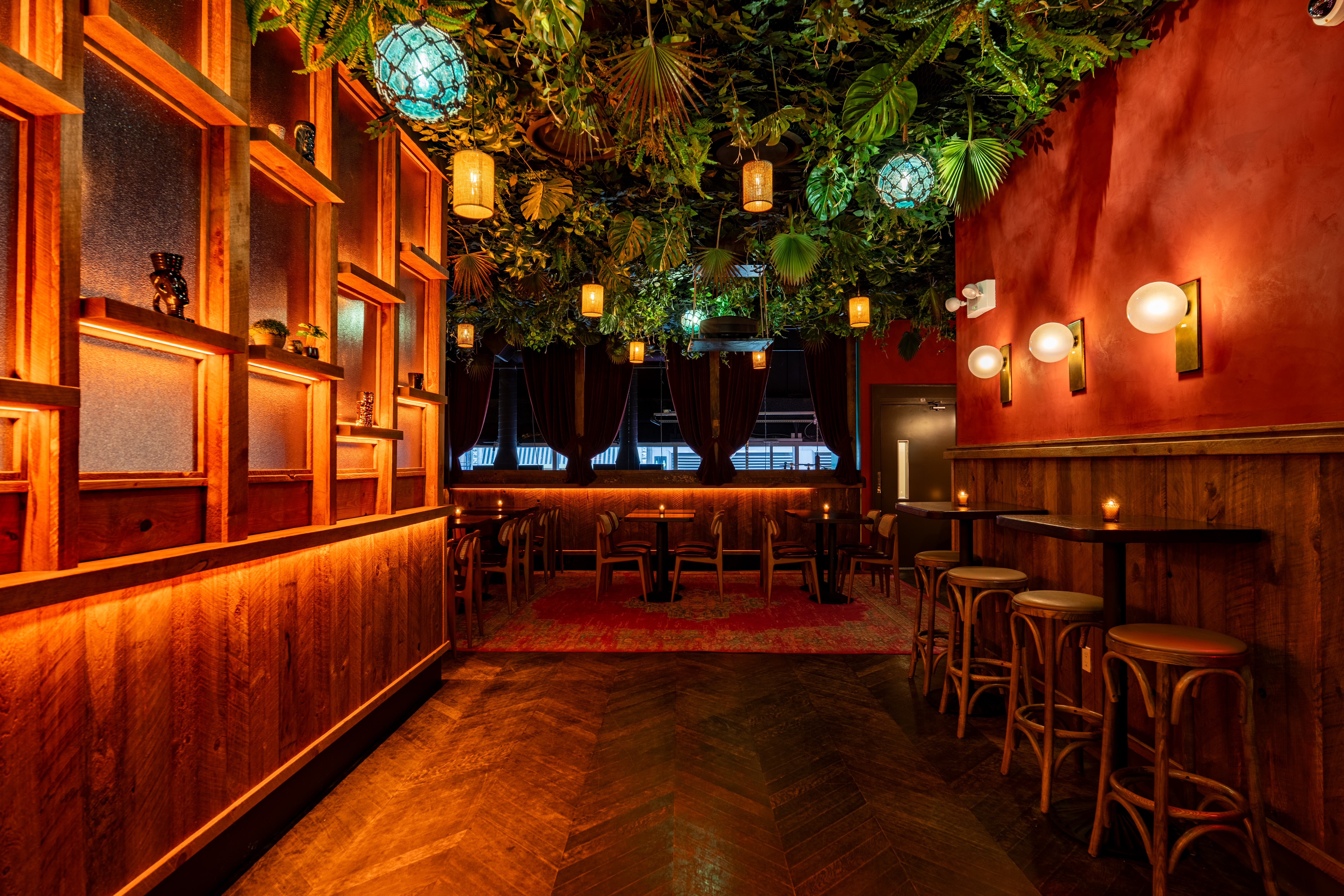 a long wooden table in a restaurant