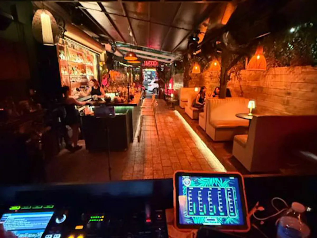 a room with a bar and people