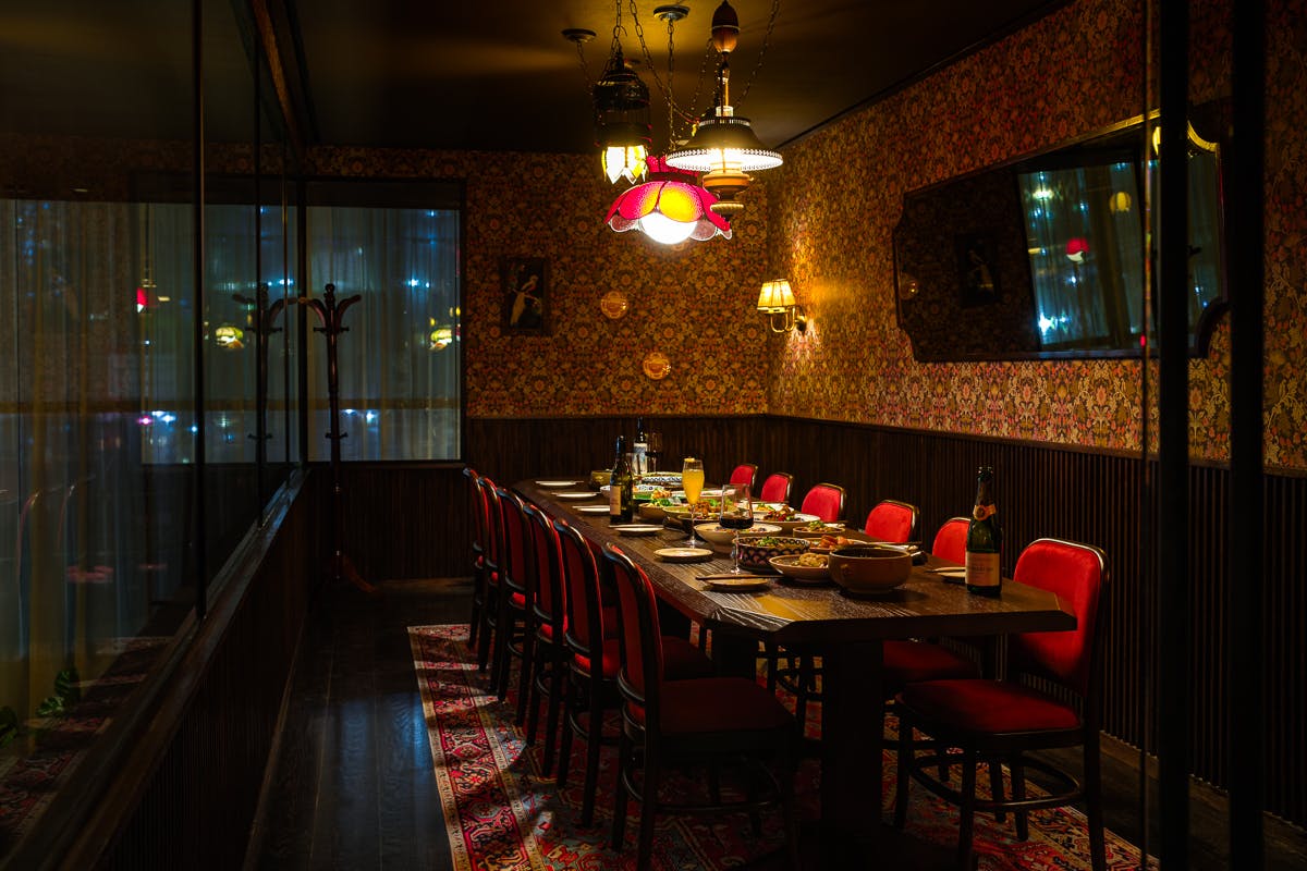 a long table at night