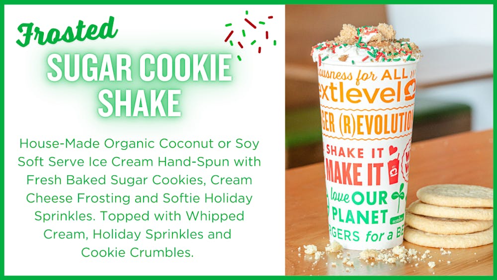 Frosted Sugar Cookie Shake: House-Made Organic Coconut or Soy Soft Serve Ice Cream Hand-Spun with Fresh Baked Sugar Cookies, Cream Cheese Frosting and Softie Holiday Sprinkles. Topped with Whipped Cream, Holiday Sprinkles and Cookie Crumbles.