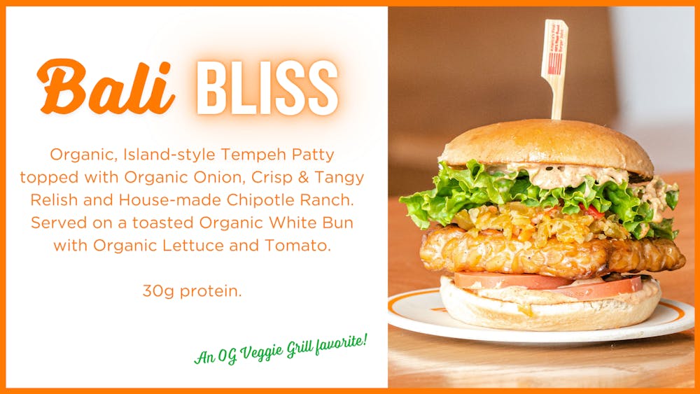 Organic, Island-style Tempeh Patty topped with Organic Onion, Crisp & Tangy Relish and House-made Chipotle Ranch. Served on a toasted Organic White Bun with Organic Lettuce and Tomato.  30g protein