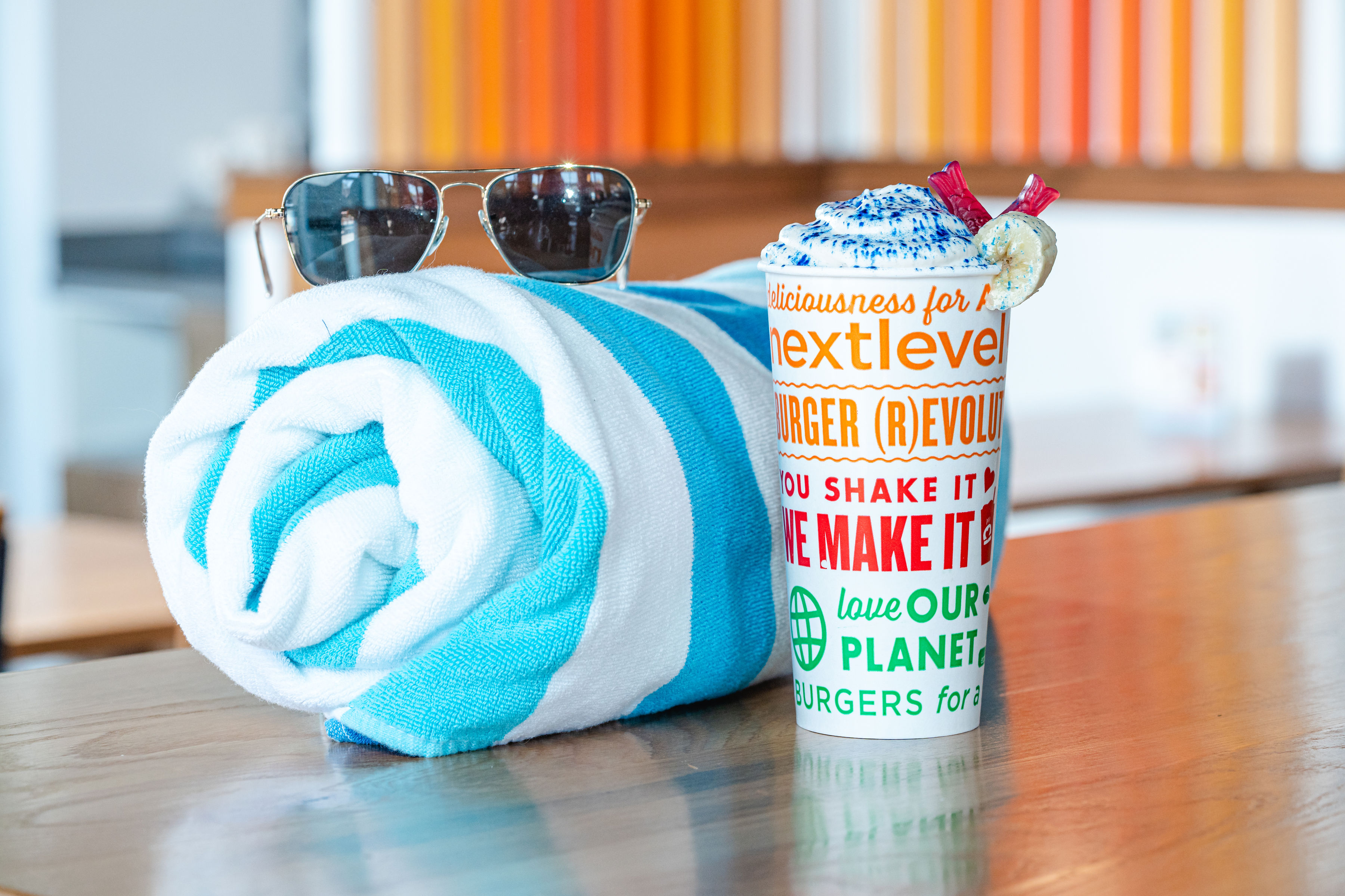 ocean blue banana shake with beach towel