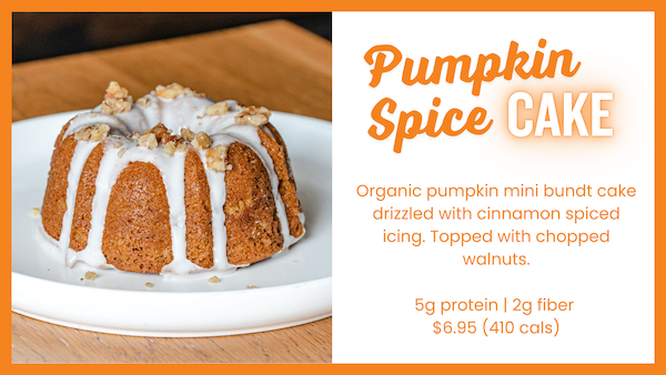 Pumpkin Spice Cake – a decadent organic pumpkin mini-bundt cake drizzled with cinnamon-spiced icing and topped with chopped walnuts.