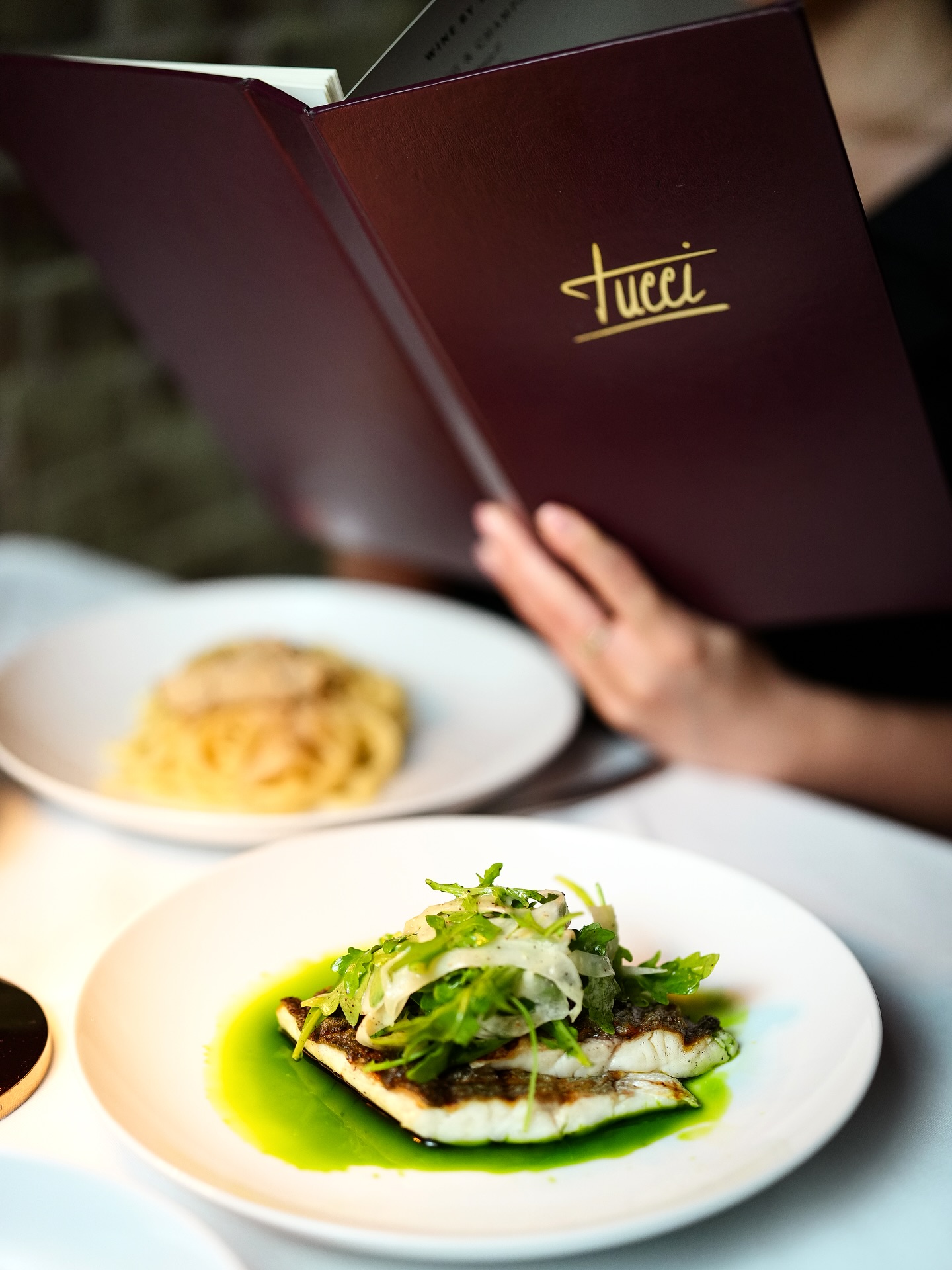 Tucci NYC menu and plated dish showcasing the restaurant's upscale Italian dining experience