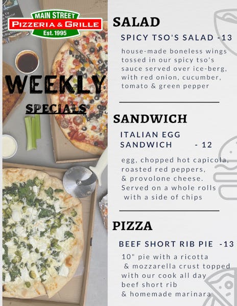 Wyncote's Specials Egg Sandwich Beef Short Rib Pizza Main Street