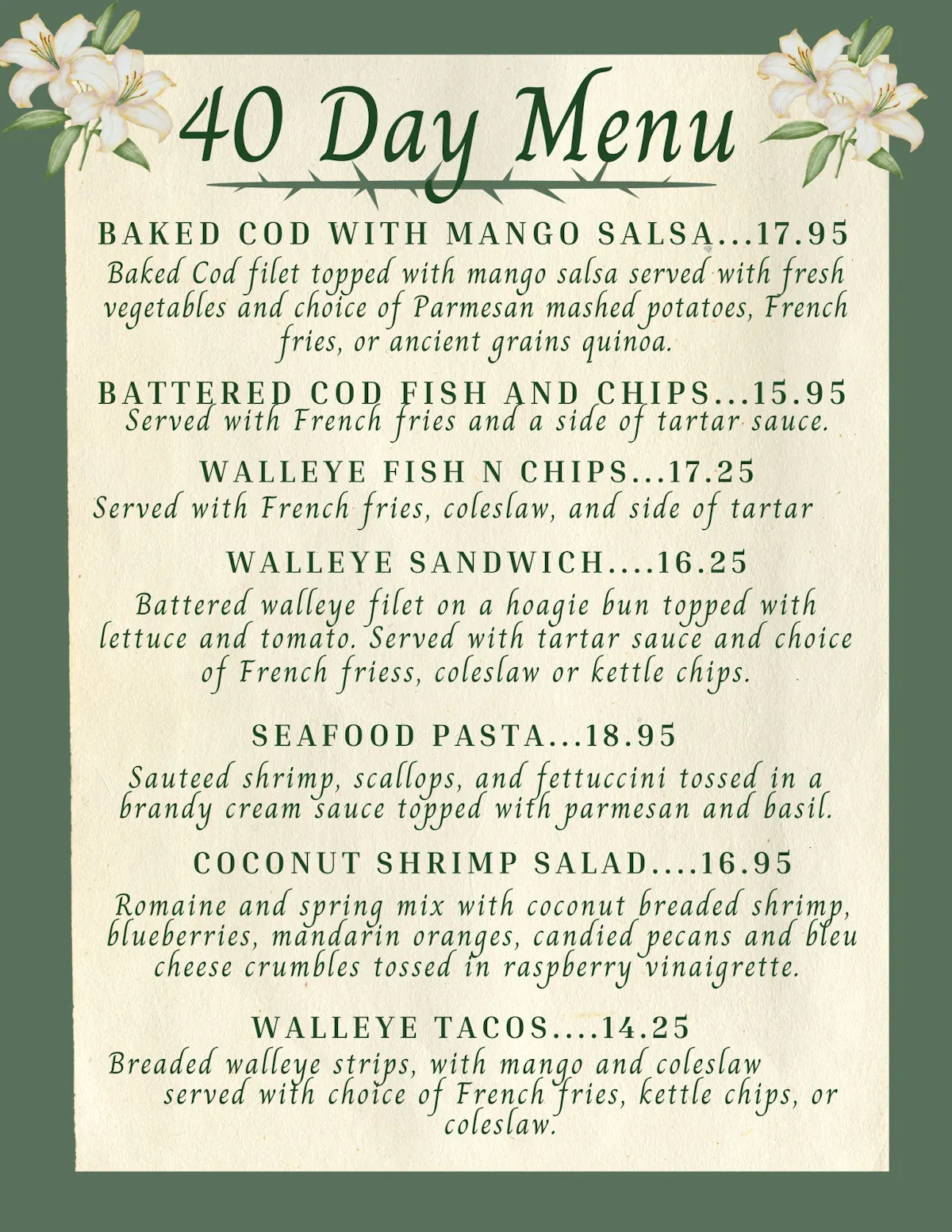 a menu with green leaves and flowers