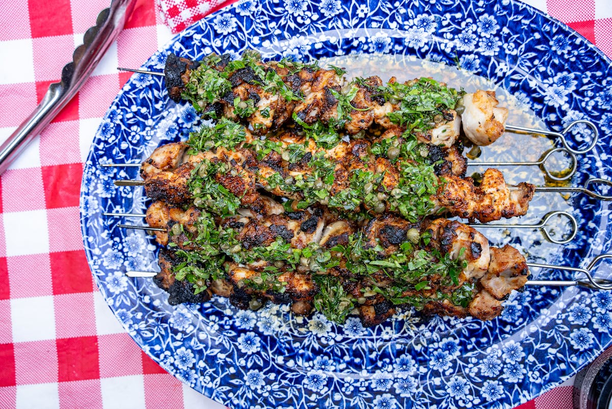chicken skewers sprinkled with peri peri