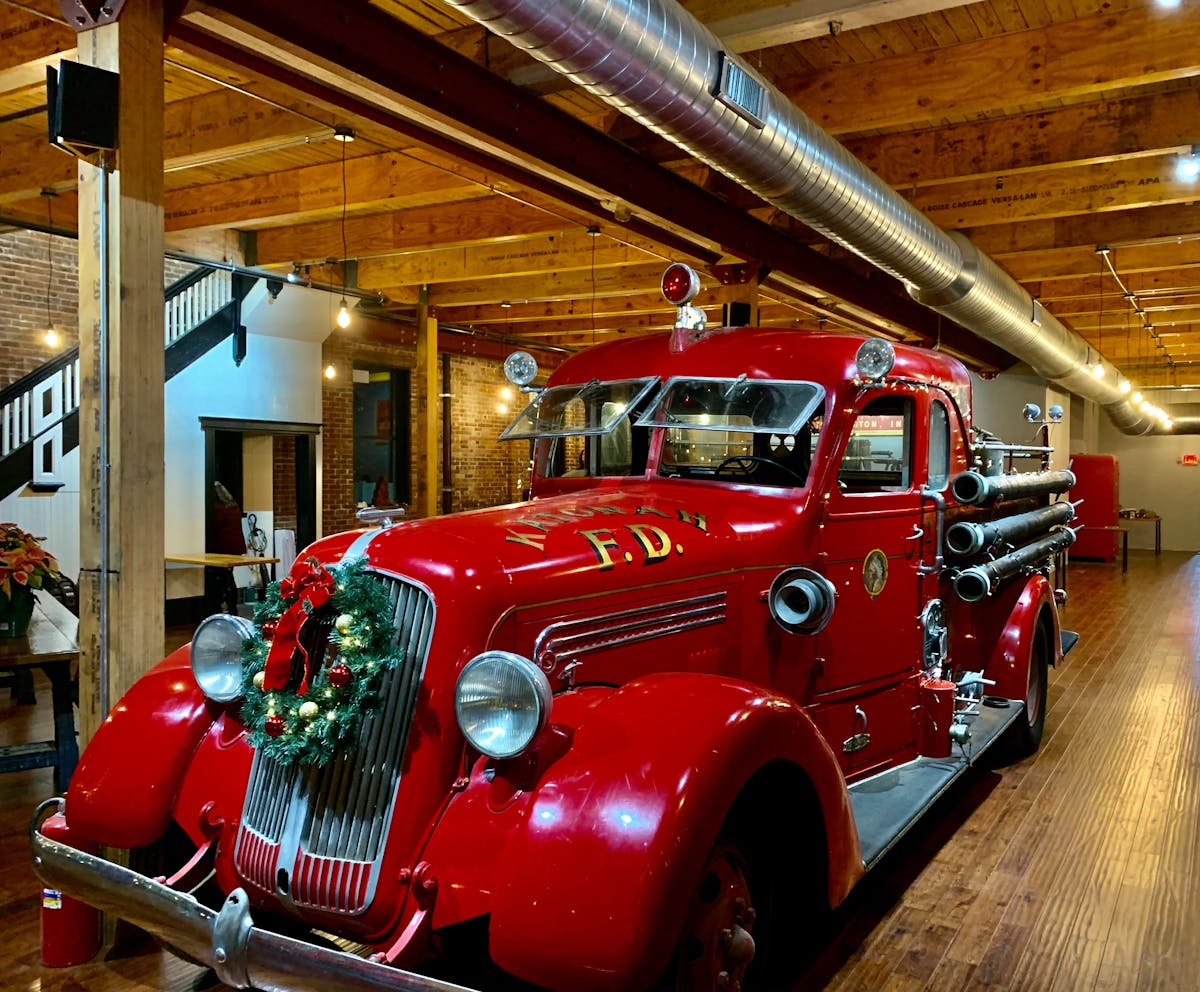 a fire truck parked in front of a building