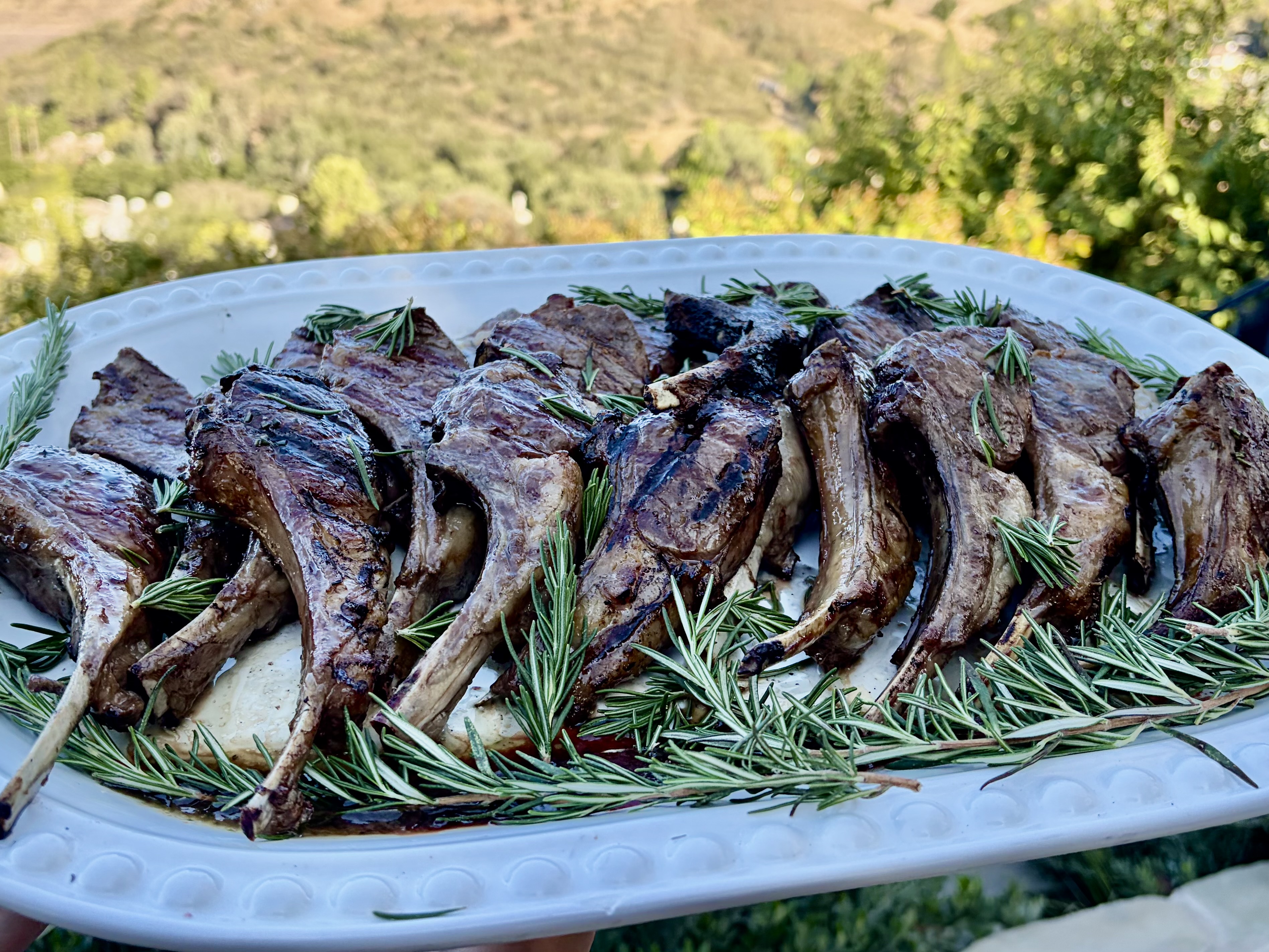 a plate of meat with rosemary on it